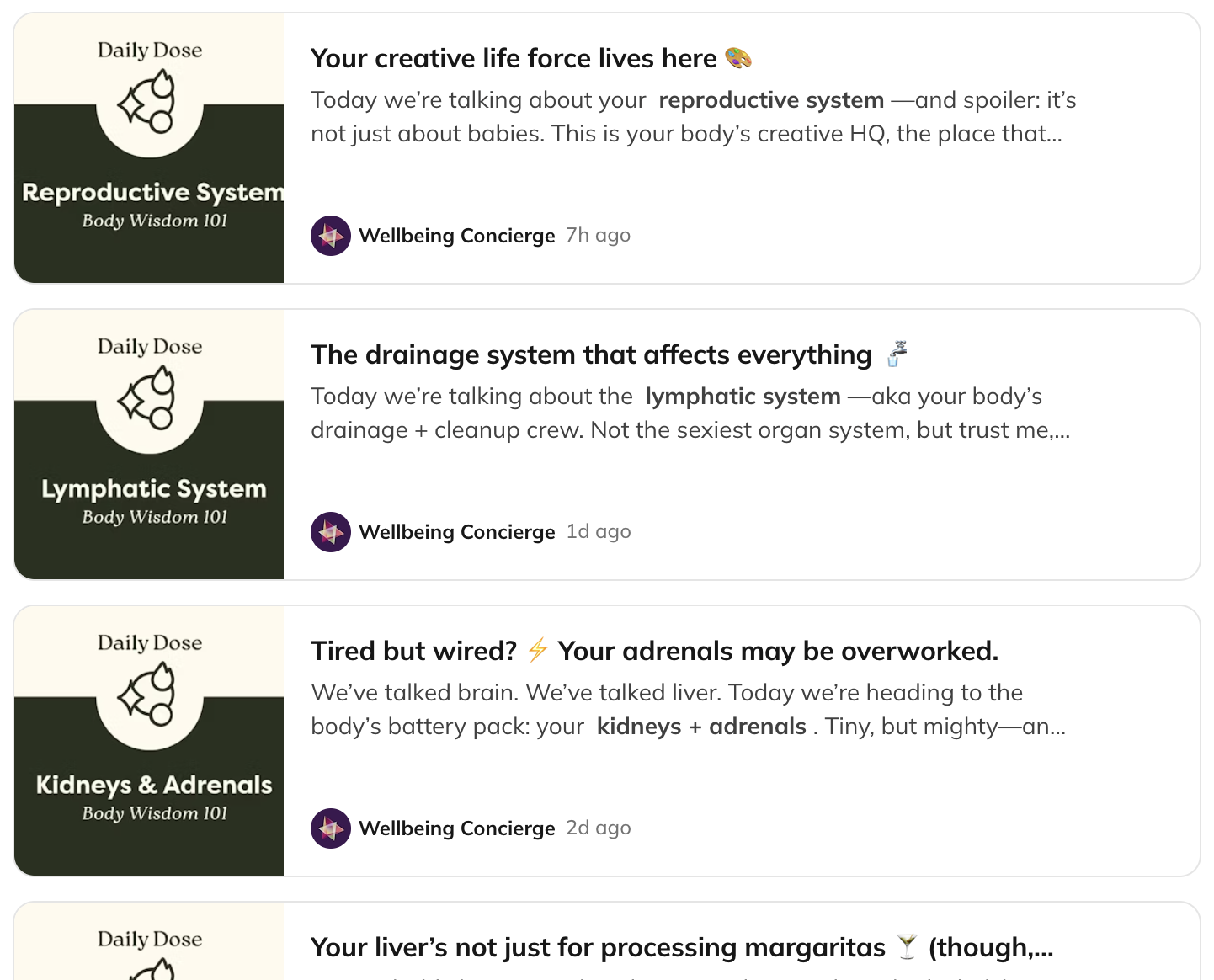 Four "Daily Dose" cards from Wellbeing Concierge cover the reproductive, lymphatic, and adrenal systems, each with brief system descriptions.