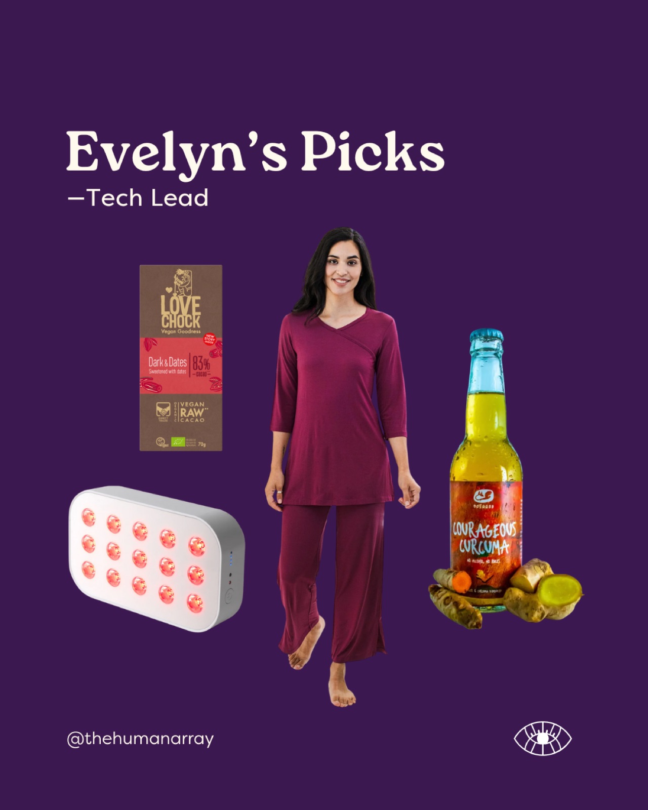 Woman in maroon outfit on purple background with items including chocolate, a drink, and a red light device. Text: "Evelyn’s Picks — Tech Lead."