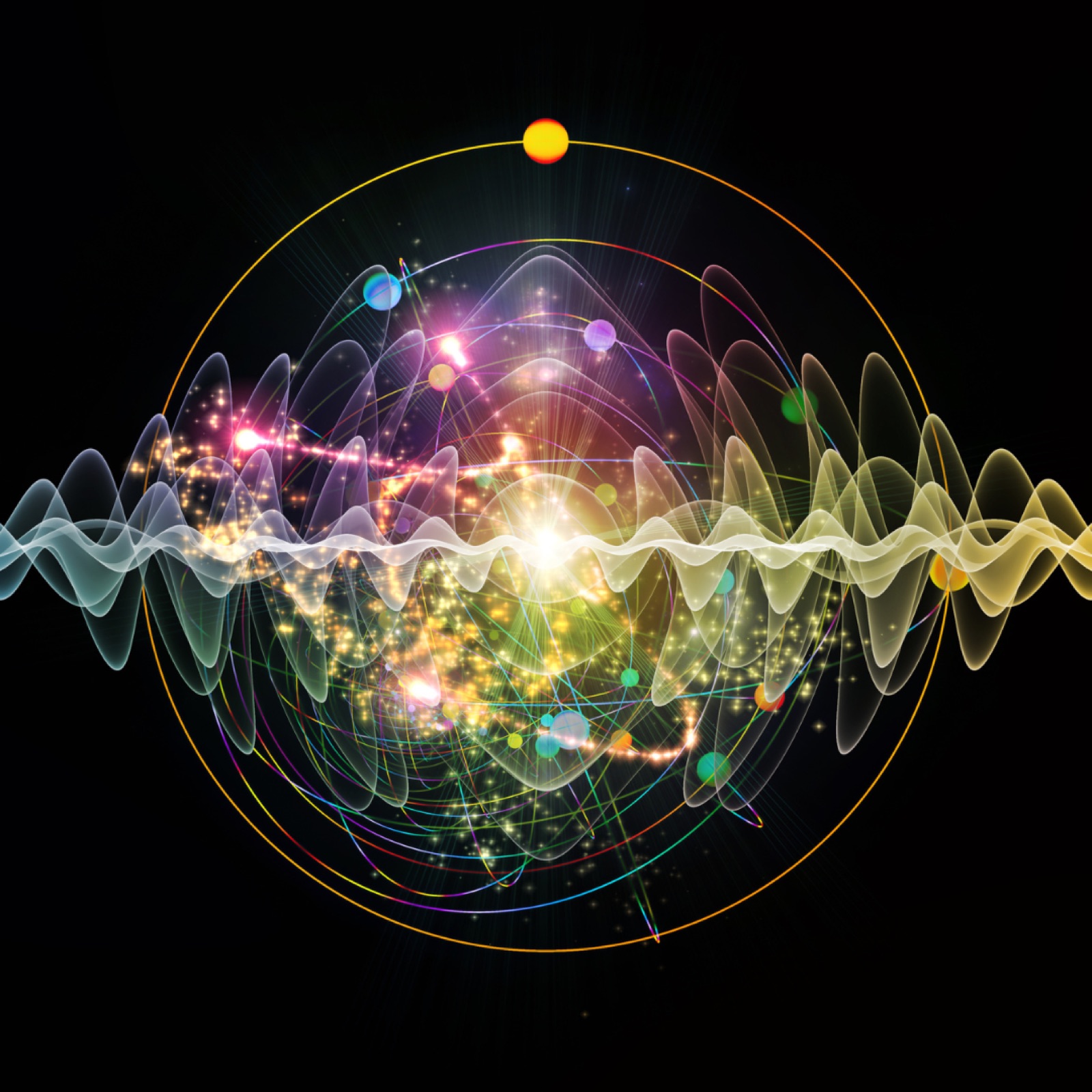 Abstract digital artwork with colorful waves, glowing particles, and circular patterns on a black background, creating a dynamic, energetic vibe.