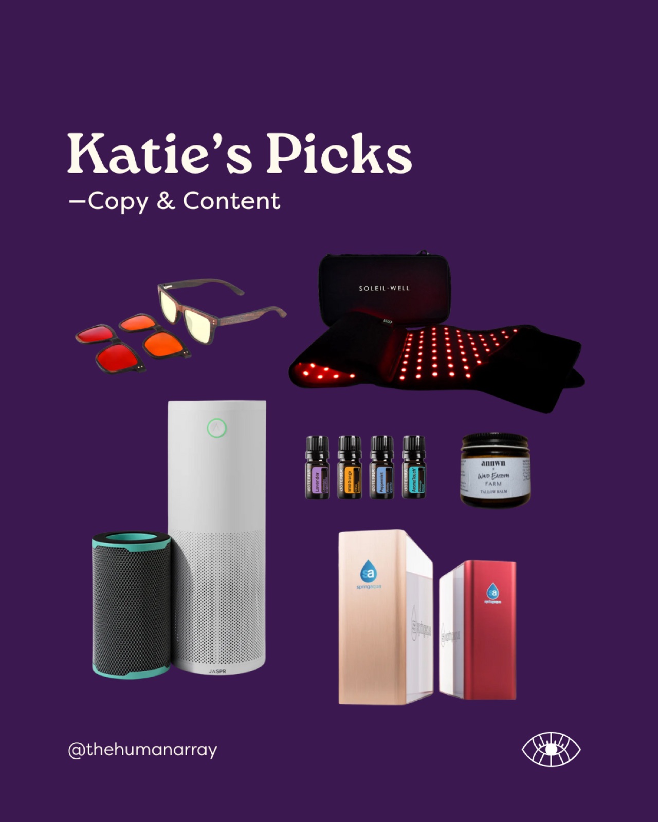 Collage of wellness products: glasses, LED mat, air purifiers, essential oils, and balm on purple background. Text: "Katie’s Picks — Copy & Content".