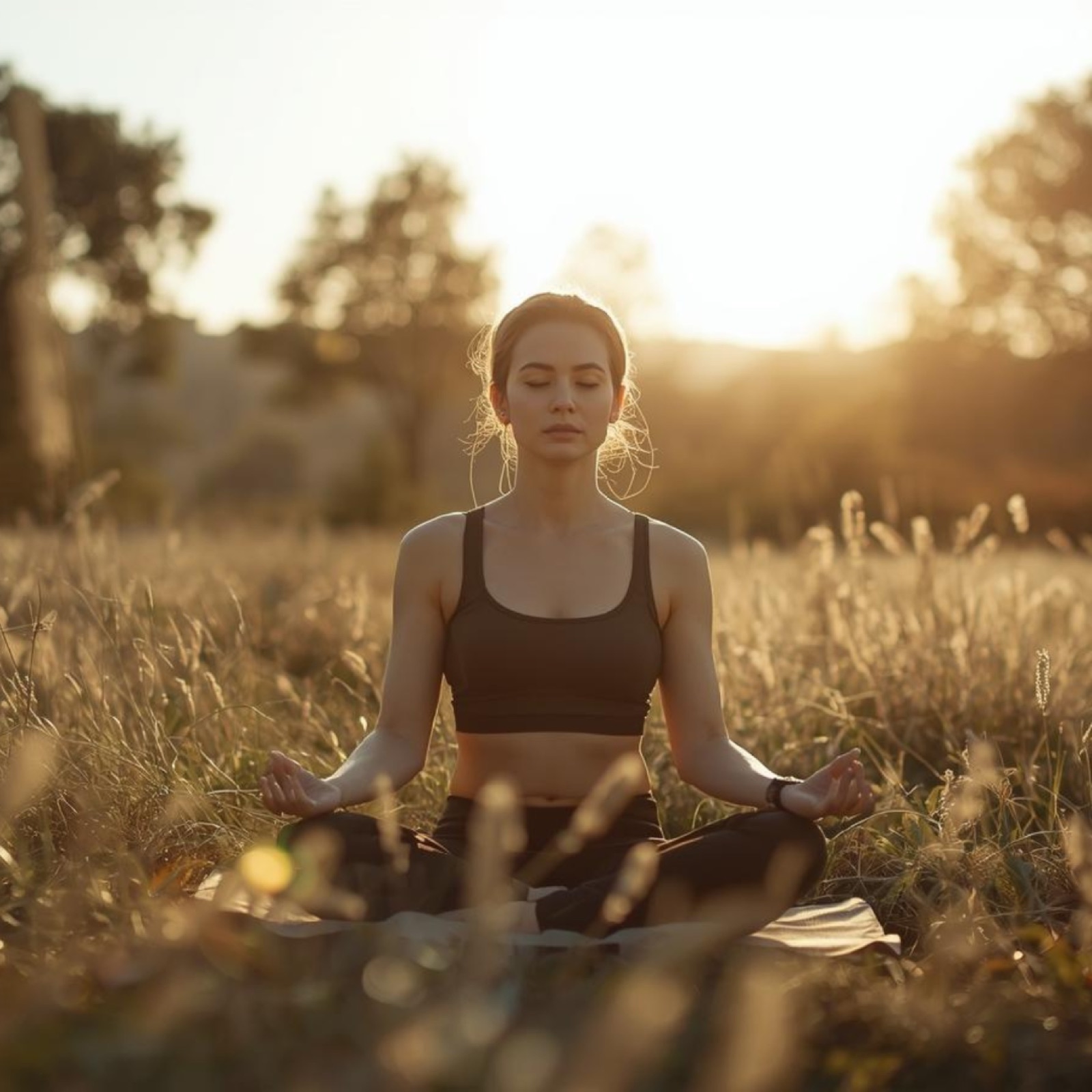 Woman meditating in a sunny field, seated cross-legged with eyes closed. Golden light and grasses create a serene, peaceful mood.