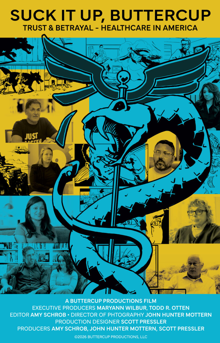 Collage with a caduceus, people in blue and yellow hues, text "Suck It Up, Buttercup: Trust & Betrayal - Healthcare in America."